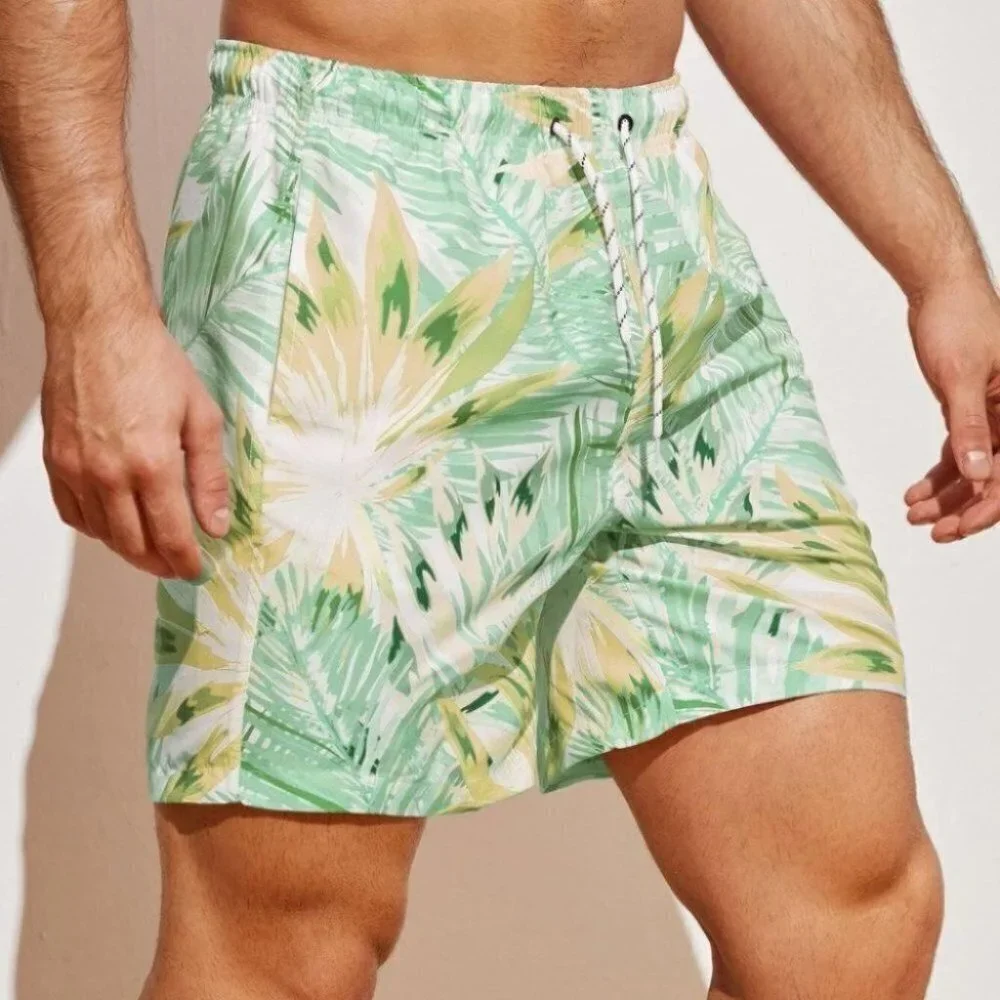 Green Vacation Style Men Tropical Print Swim Trunks